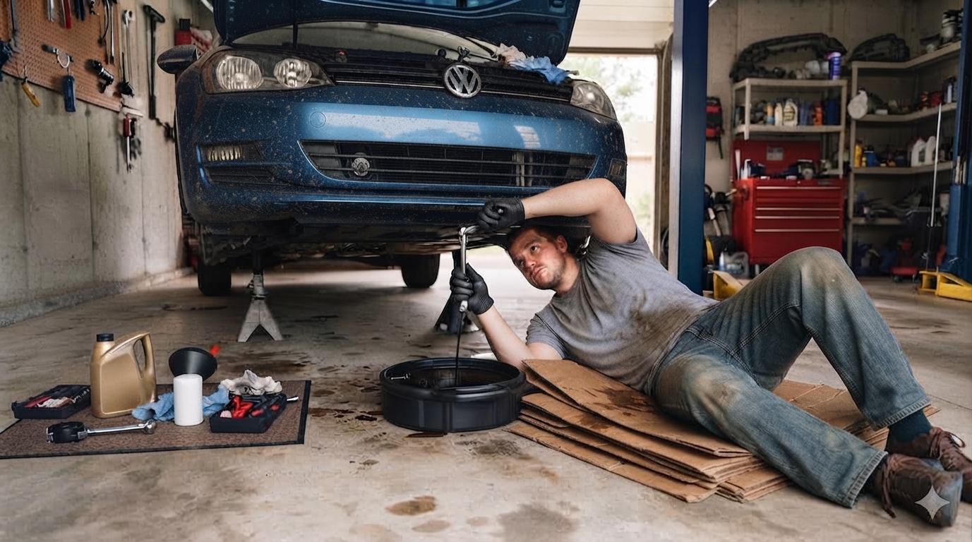 Na tym obrazie widać mężczyznę naprawiającego samochód (niebieskiego Volkswagena) w przydomowym lub amatorskim garażu