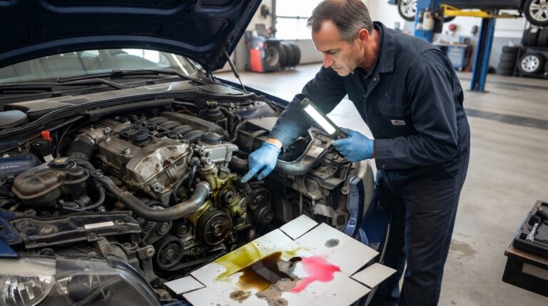 Na tym obrazie widać mechanika samochodowego przeprowadzającego szczegółową inspekcję silnika w warsztacie