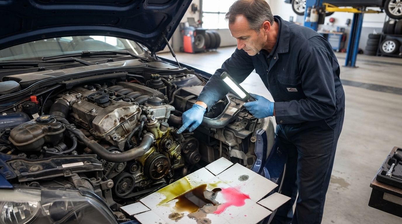 Na tym obrazie widać mechanika samochodowego przeprowadzającego szczegółową inspekcję silnika w warsztacie