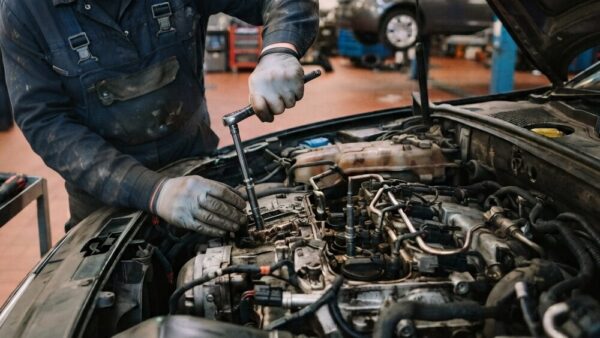 Na tym obrazie widać profesjonalnego mechanika w warsztacie samochodowym, który zajmuje się wymianą świec zapłonowych